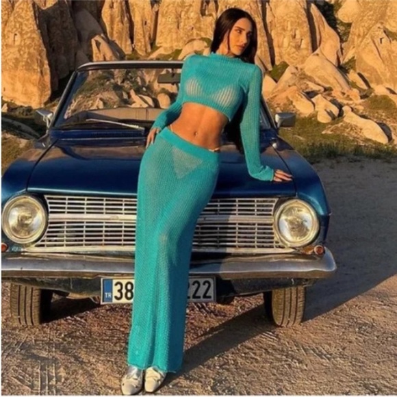 Zara Blue Pointelle Knit Sweater And Skirt Set BLOGGERS favorite! Size M EUC - Picture 2 of 16